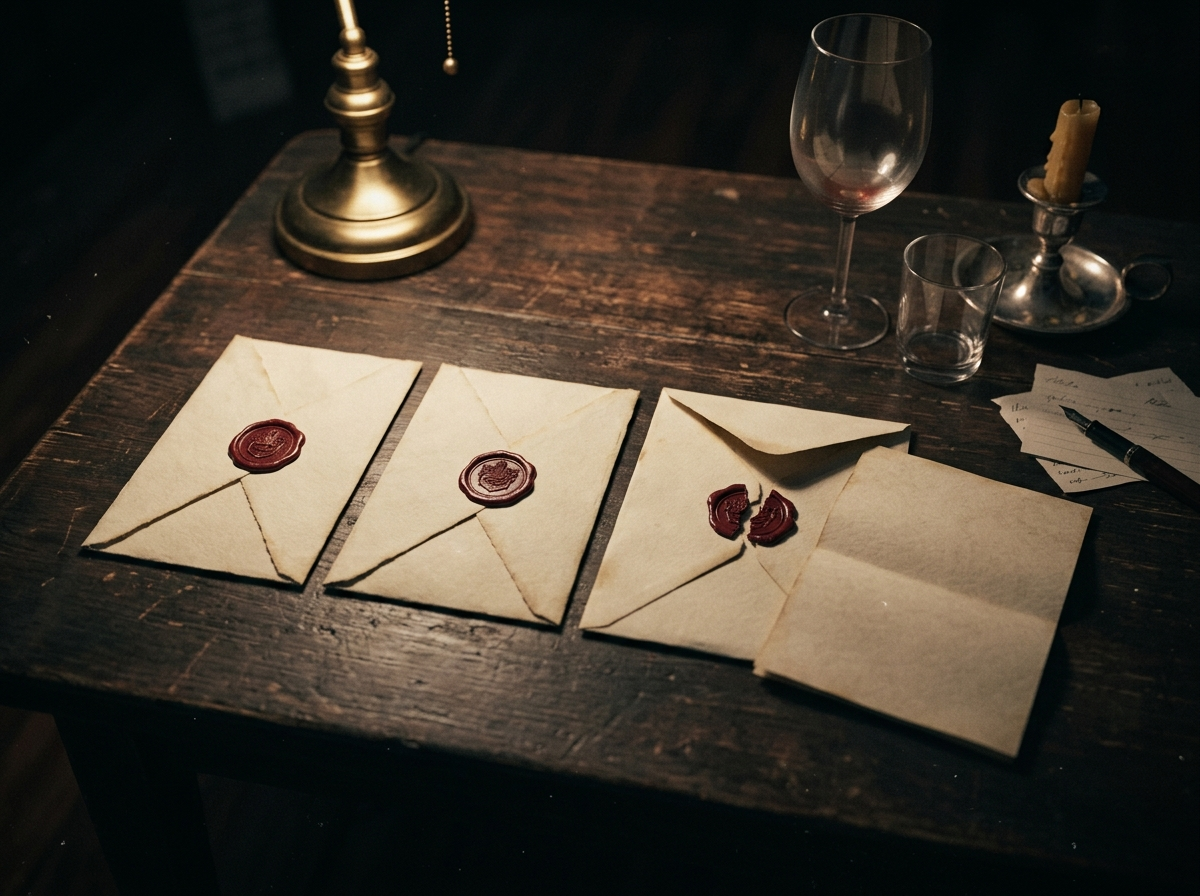 Trois enveloppes scell&eacute;es sur une table sombre