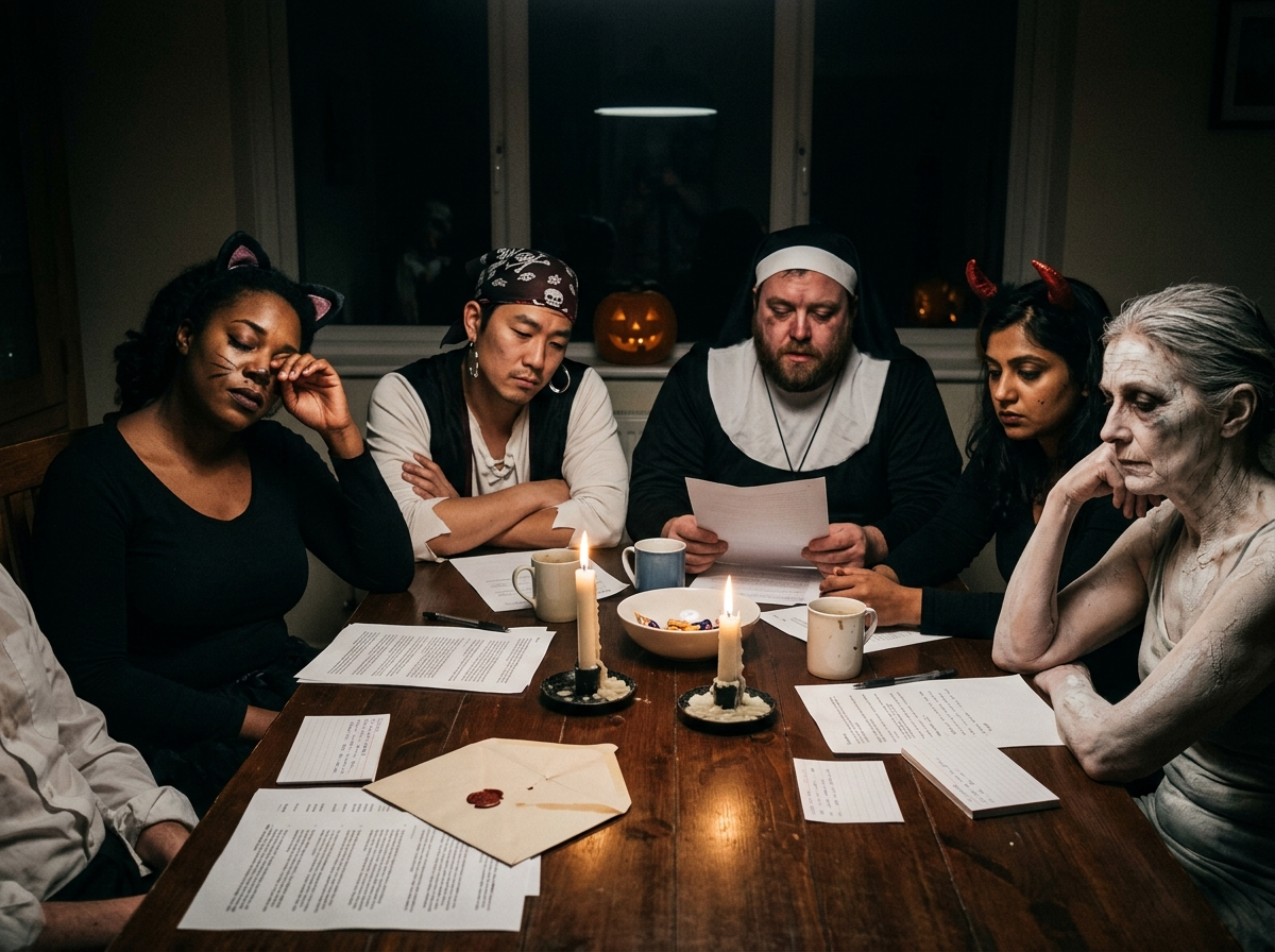 Cinq personnes en costume lisant la solution en fin de soir&eacute;e