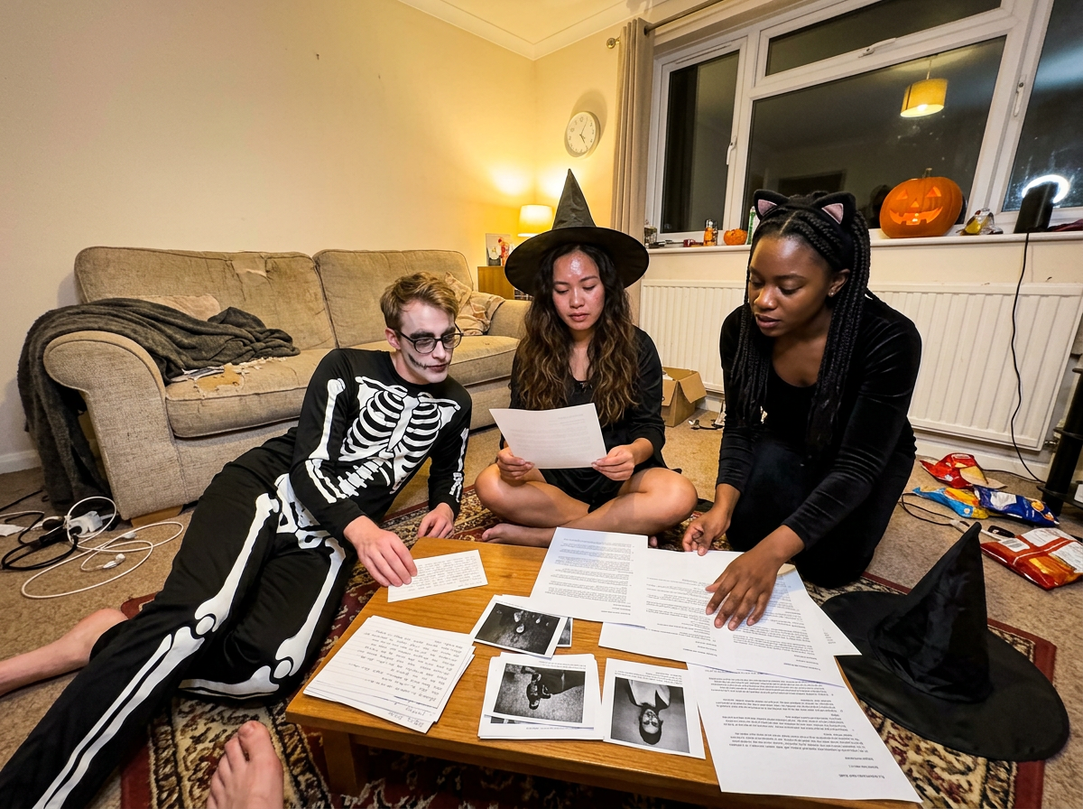 Trois amis en costume autour d'une table basse couverte de preuves
