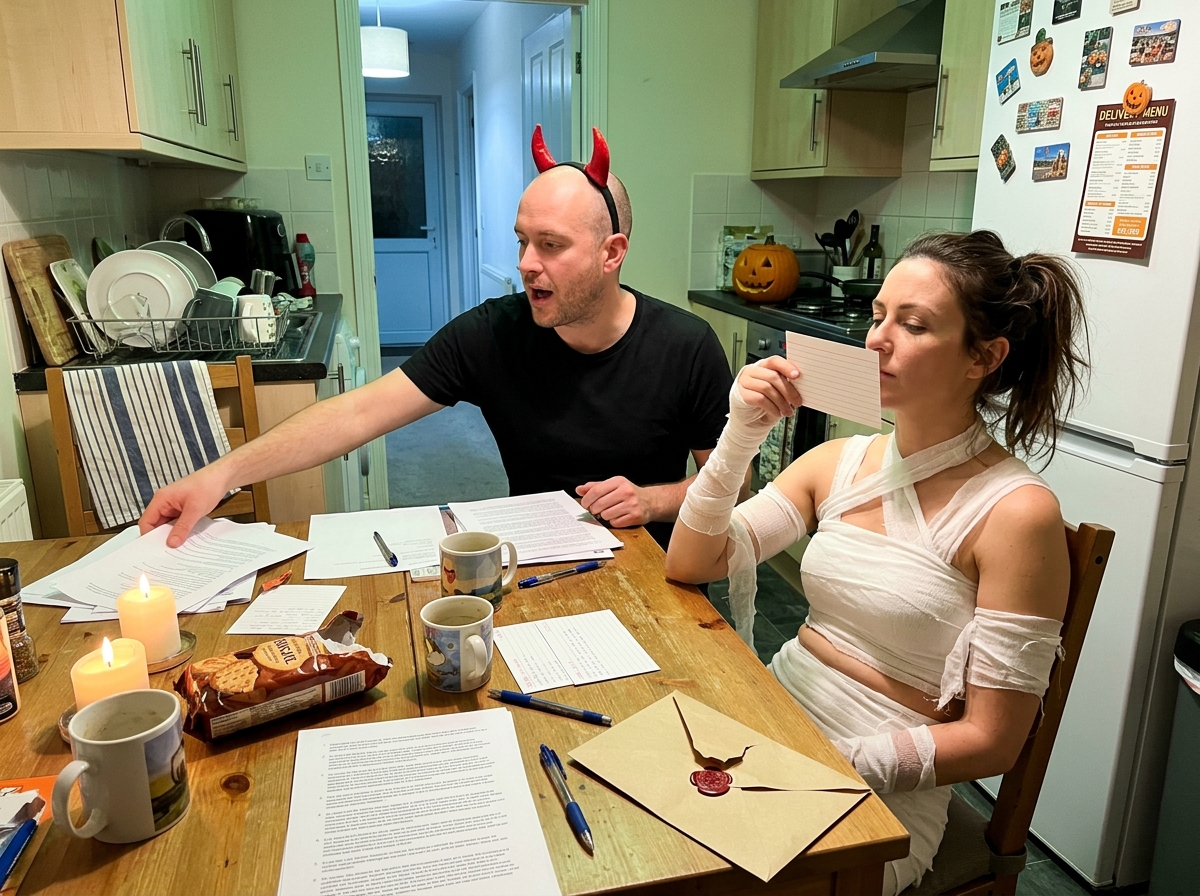 Deux personnes en costume comparant leurs notes autour d'une table