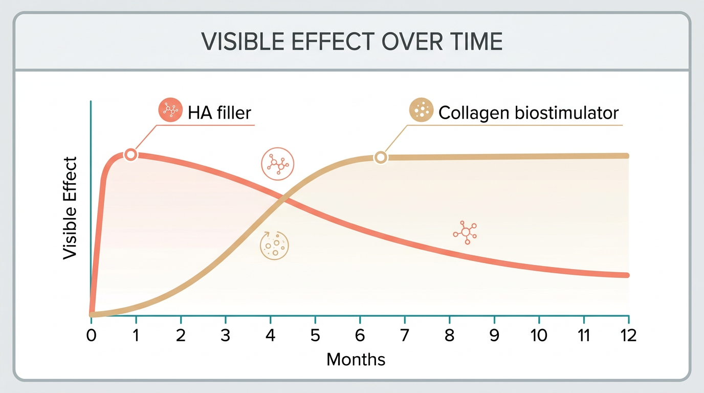 Time-course graph showing filler peaking immediately then declining, while a collagen biostimulator rises over several months