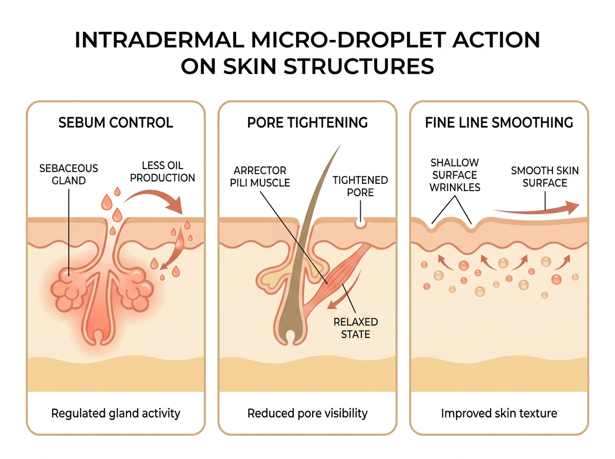 Schematic showing the three actions of skin botox: sebum control, pore tightening and fine line smoothing
