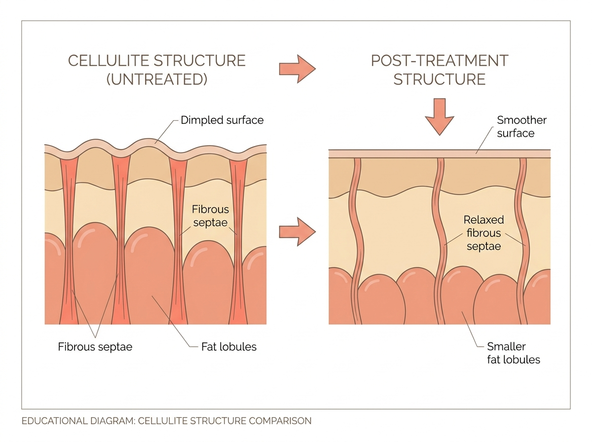 Comparison diagram showing the fibrous septae structure of cellulite and the smoother surface after treatment