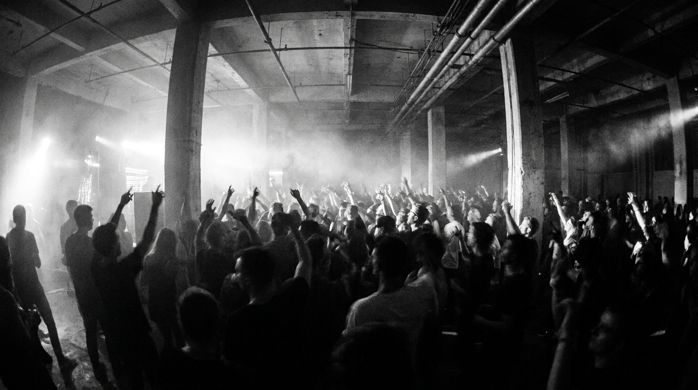 Rave in einer Industriehalle mit Menschenmenge und Stroboskoplicht