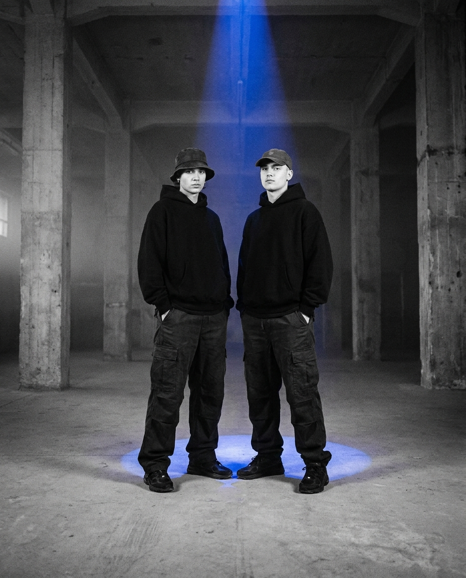 Zwei Raver in oversized Techno-Streetwear auf der Tanzfläche
