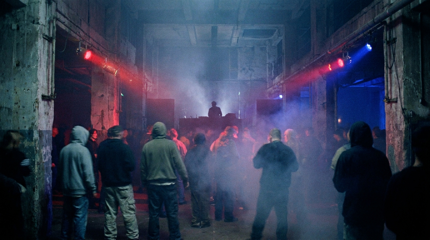 Dunkler 90er-Jahre Techno-Club mit Nebel und rotem Licht