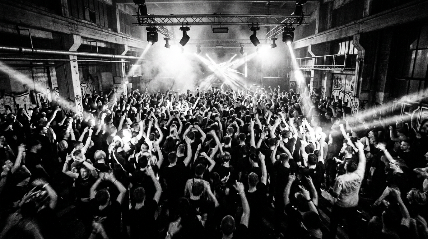 Dichte Menschenmenge bei einem Hard Techno Rave mit Stroboskoplicht