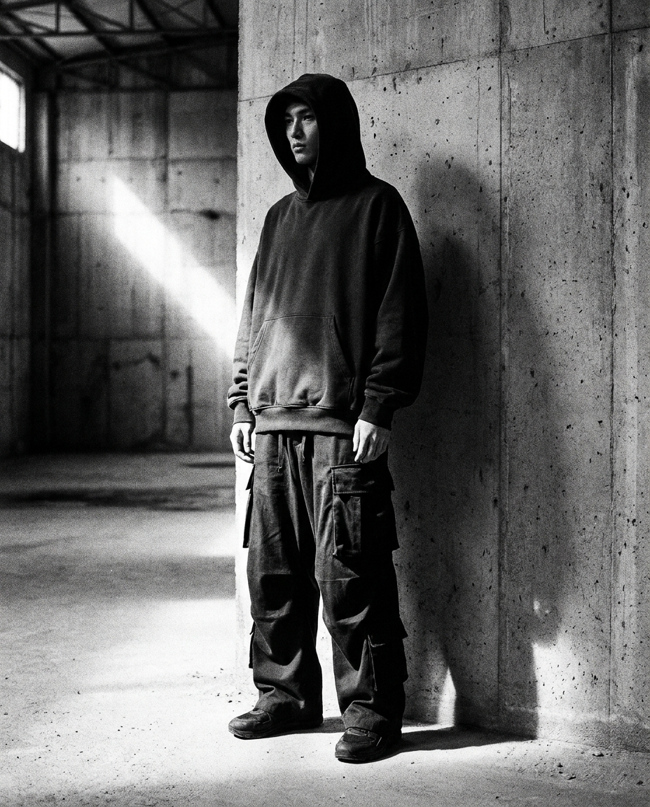 Person in oversized dunkler Techno Streetwear vor Betonwand