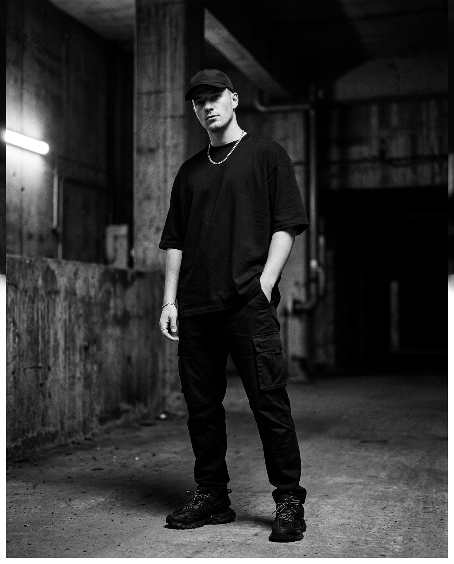 Mann in oversized Shirt und 6-Panel Cap im Techno Rave Look