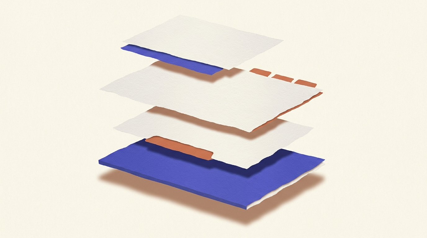 Vue éclatée d'un livre blanc B2B avec couches couverture, sommaire, sections et références