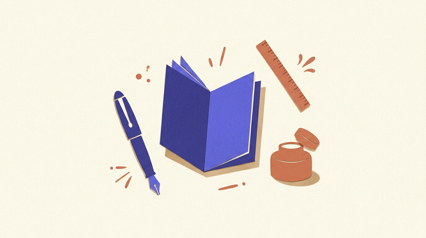 Outils d'écriture en paper-craft autour d'un livre blanc, illustrant les principes rédactionnels B2B