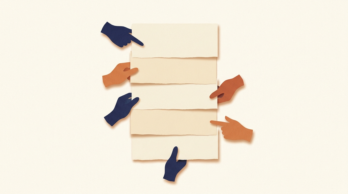 Cinq collaborateurs contribuant à la rédaction d'un livre blanc B2B en équipe distribuée