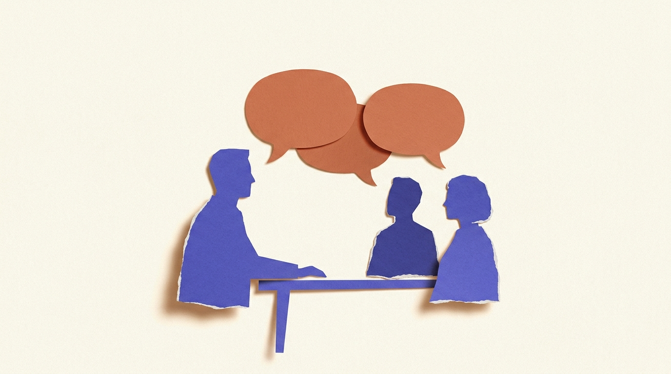 Interview de briefing entre un chef de projet et deux experts pour cadrer un livre blanc B2B