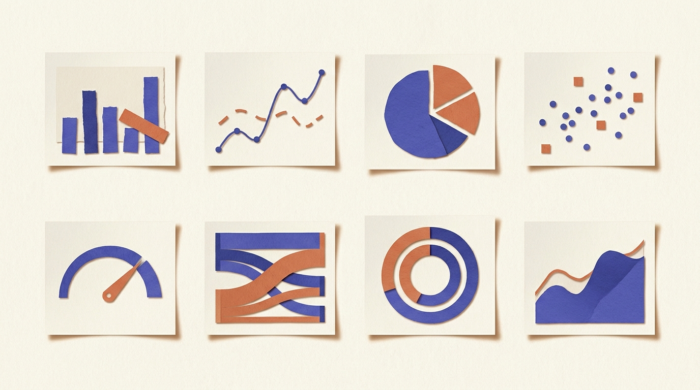 Grille de visualisations de données variées pour livre blanc B2B : graphes, courbes, jauges et diagrammes