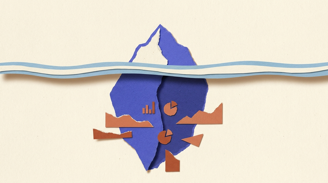 Métaphore de l'iceberg appliquée au storytelling B2B avec données visibles et profondeurs cachées