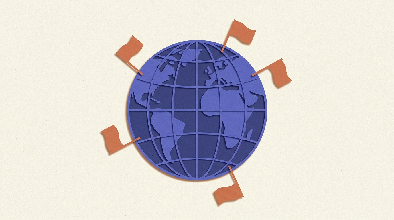 Globe international entouré de drapeaux symbolisant la diffusion multilingue d'un livre blanc
