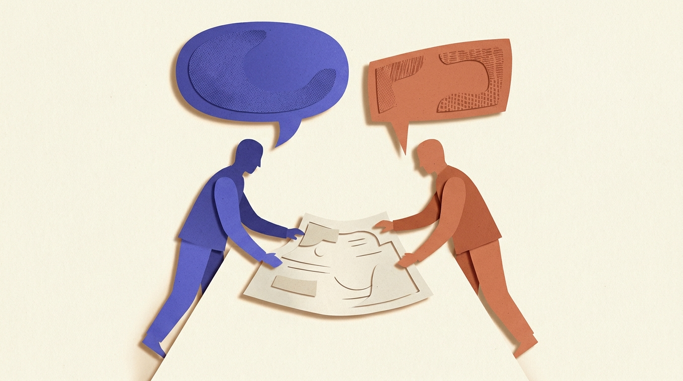 Collaboration multilingue entre deux professionnels travaillant sur un même livre blanc