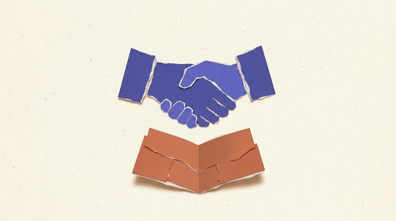 Poignée de main de signature commerciale autour d'un livre blanc B2B partagé