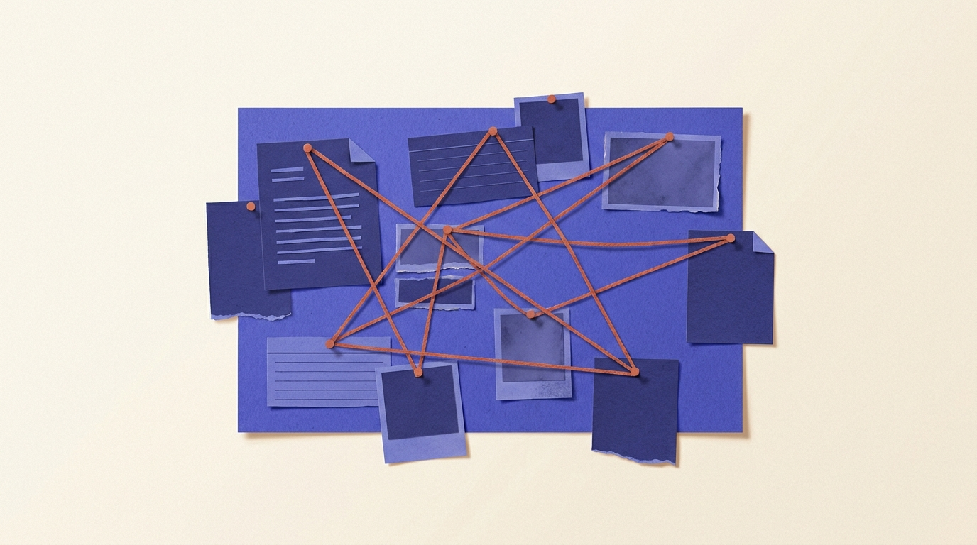 Tableau d'investigation reliant les sources d'un livre blanc avec fils rouges entre références