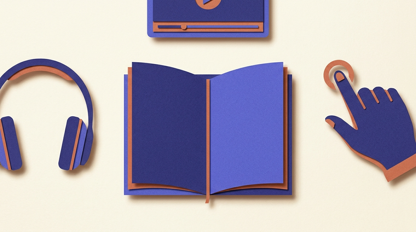Livre blanc B2B multimédia entouré de formats audio, vidéo et interactif