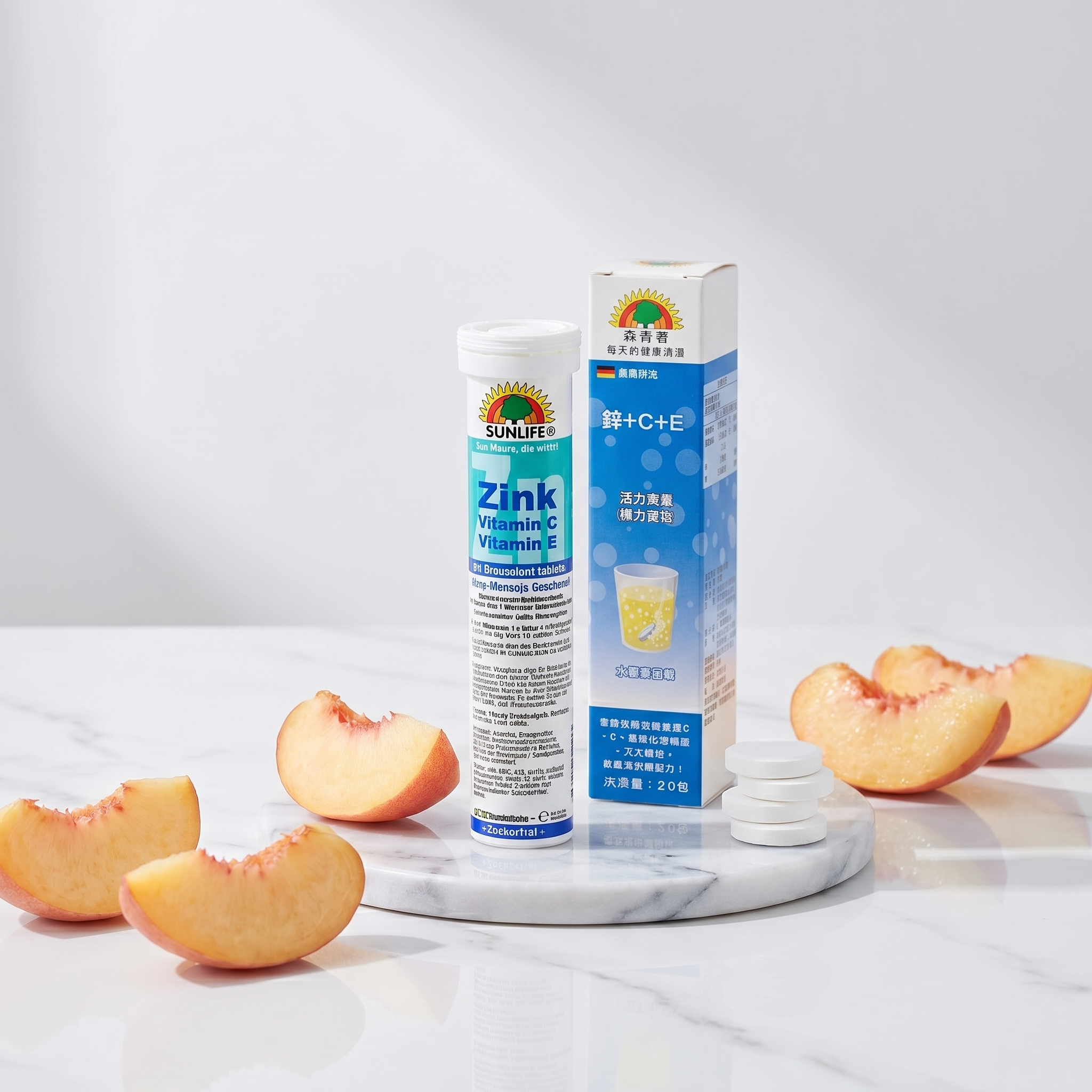 SUNLIFE 鋅+C+E 發泡錠水蜜桃口味,白色大理石桌面,德國保健品