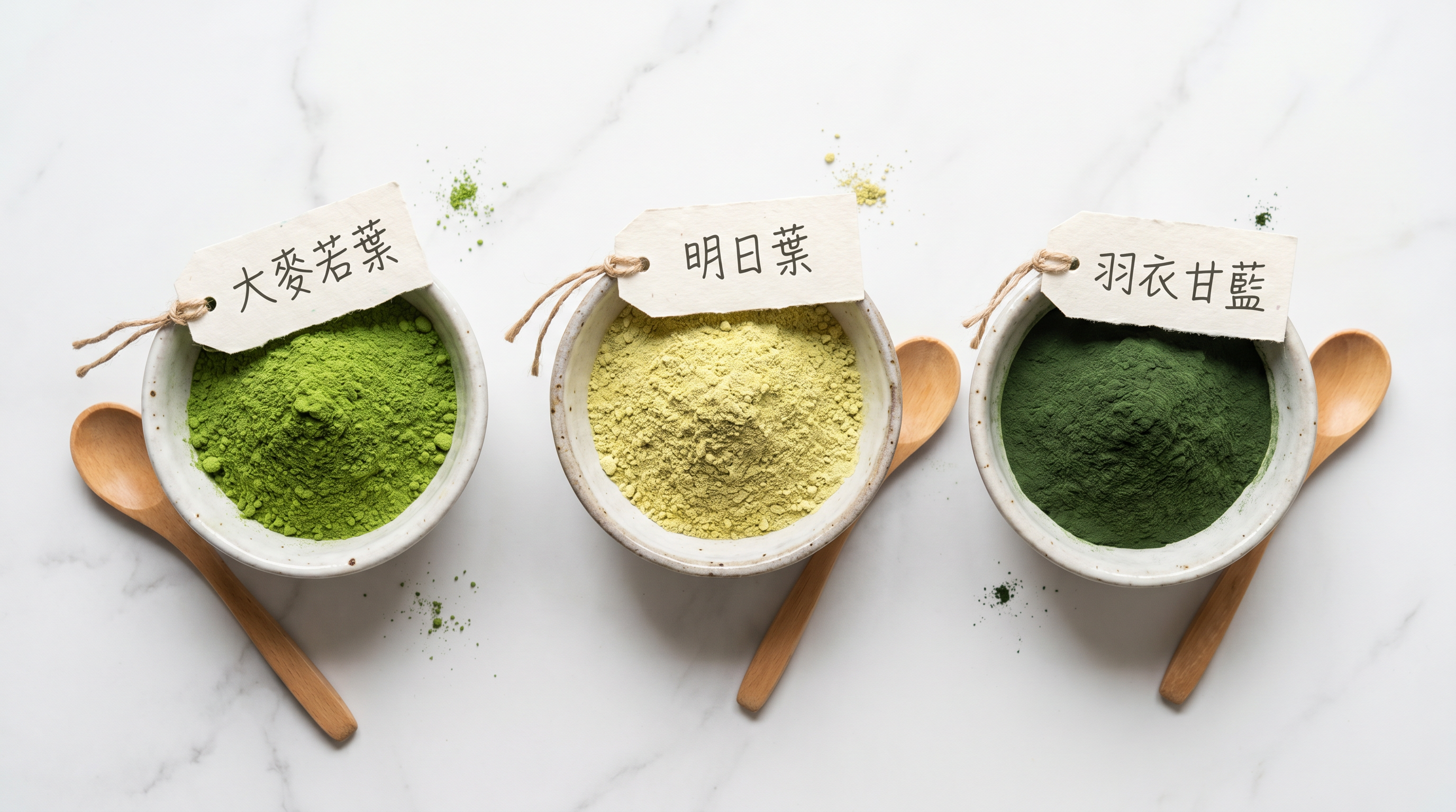 大麥若葉、明日葉、羽衣甘藍三種青汁粉末比較