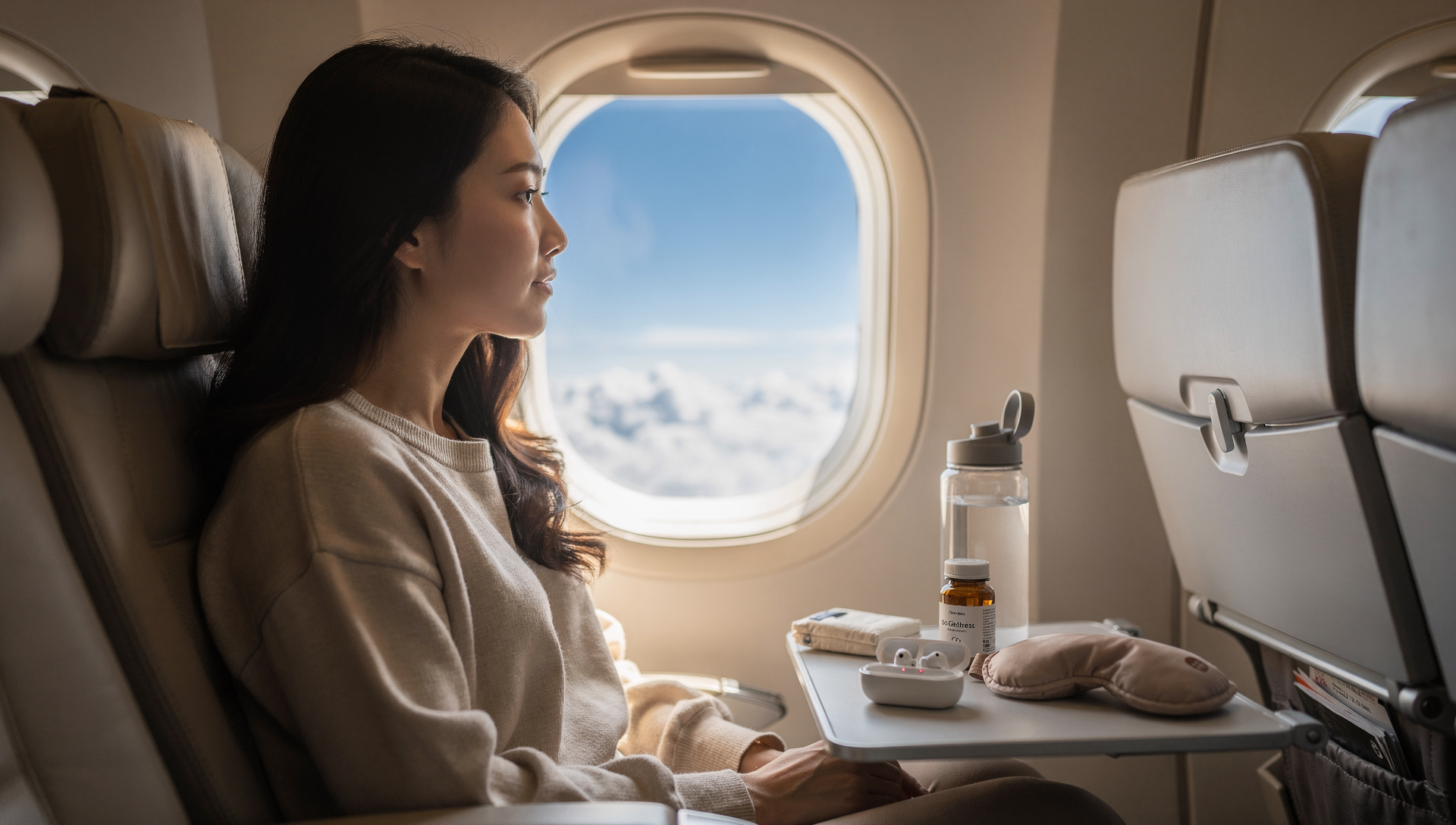 長途飛行機艙場景,說明機艙低濕度對身體的影響