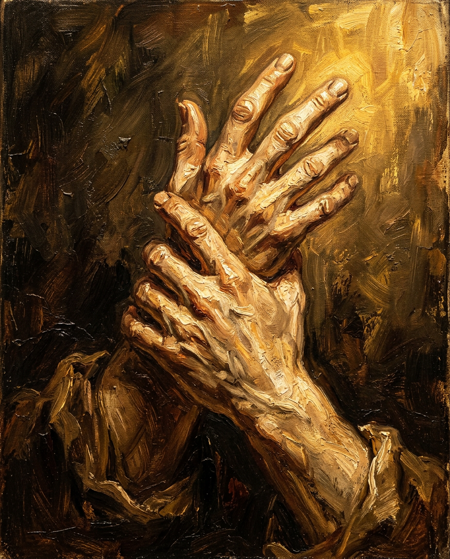 Detail of painted hands from a Renaissance canvas
