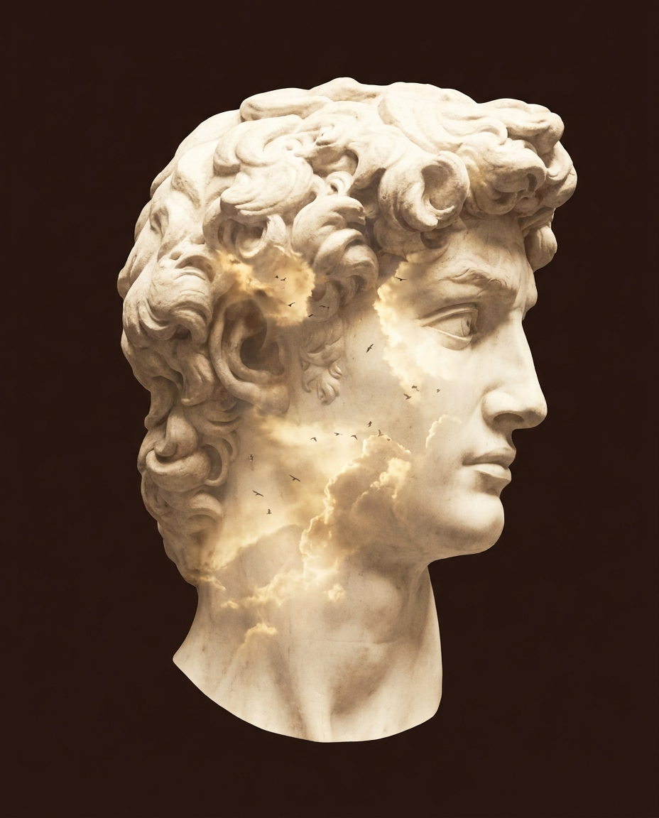 Marble head opening into clouds, a surreal study of the mind