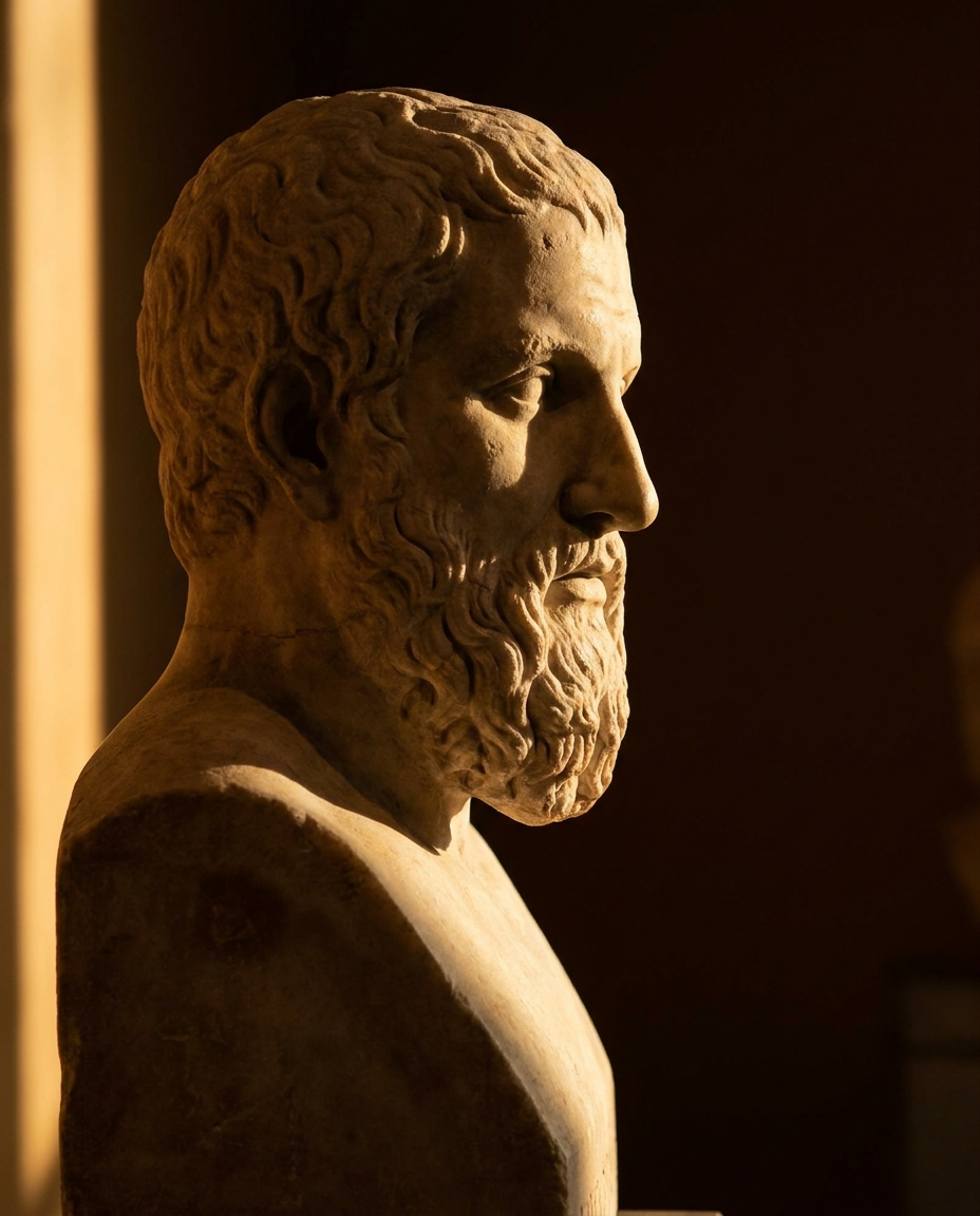Greek marble statue lit sharply from one side