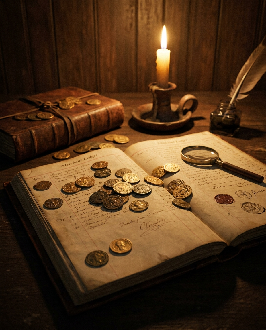 Antique coins scattered across a merchant's ledger
