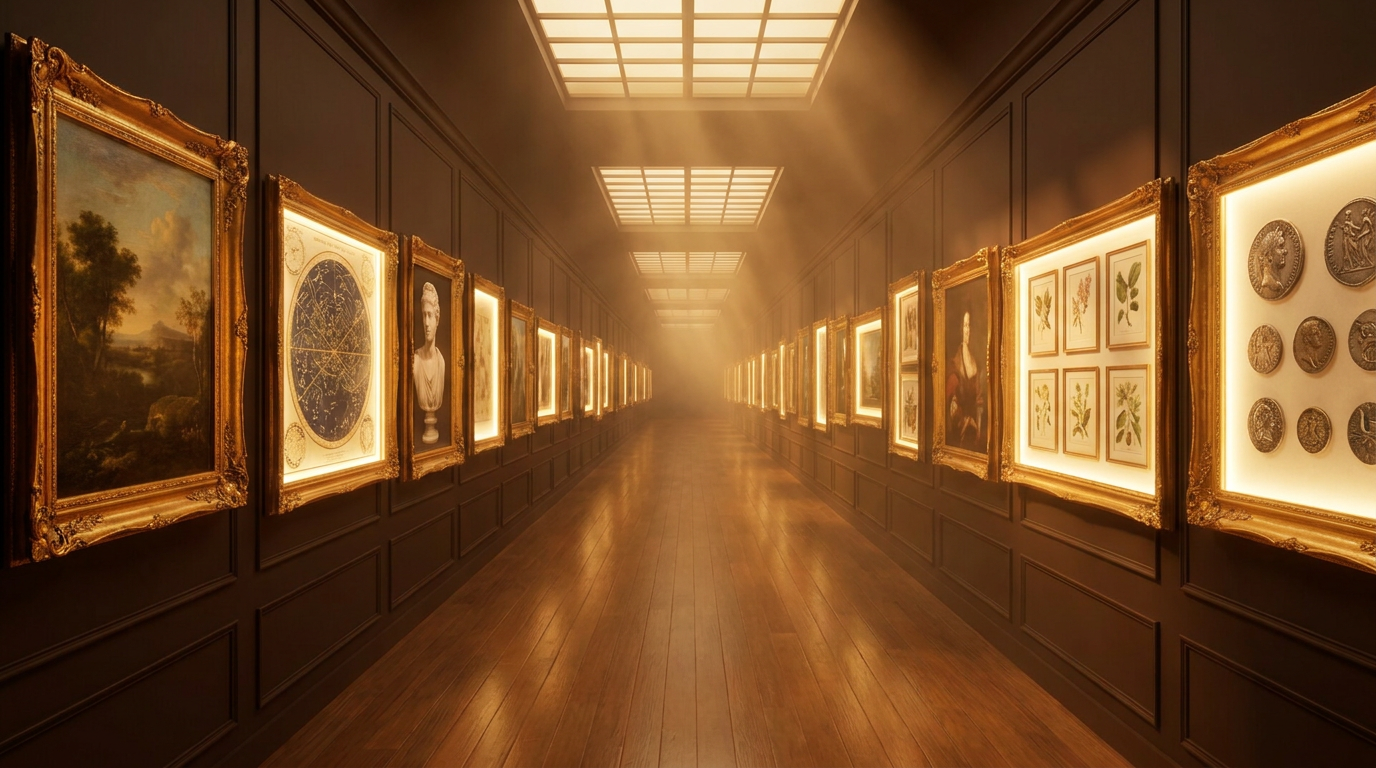 An infinite museum corridor with arched doorways receding into the distance