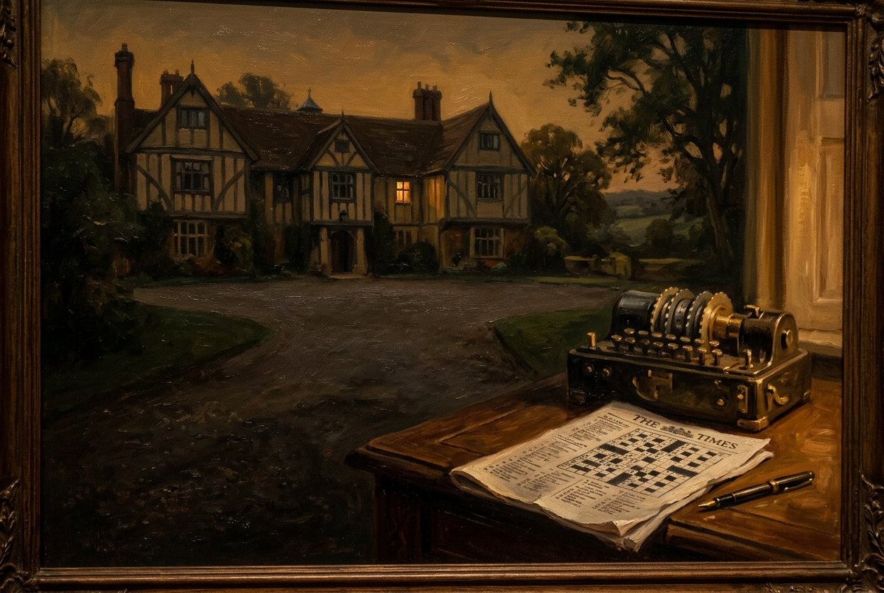 Bletchley Park codebreaking hut at night, cipher machine rotors and punched tape on a desk