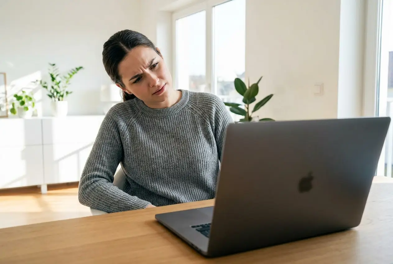 A woman reviewing a suspicious modelling-agency email on a laptop