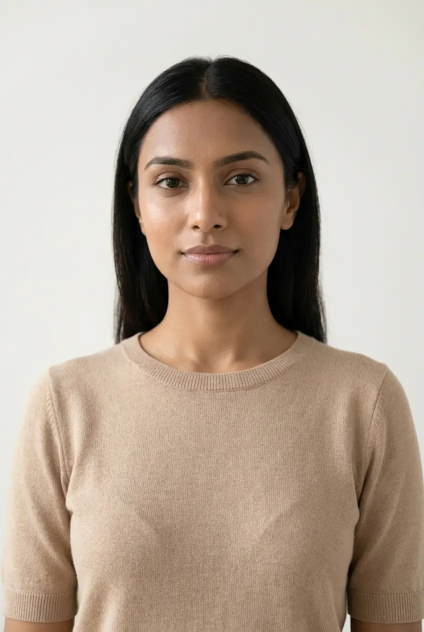 A confident model portrait against a plain background