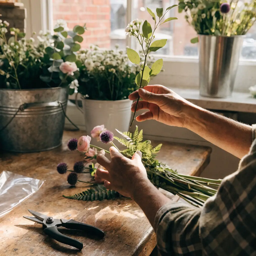 Our florist arranging flowers