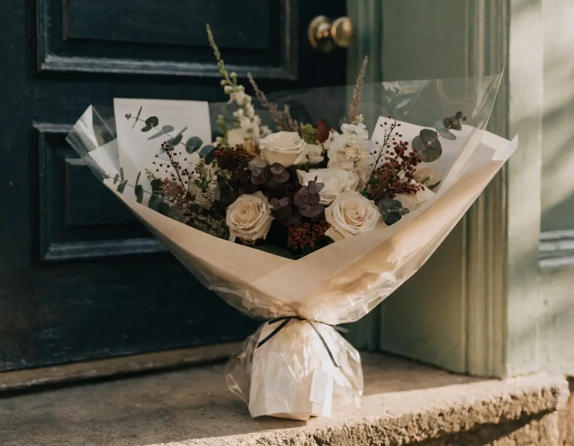 A wrapped bouquet on a doorstep