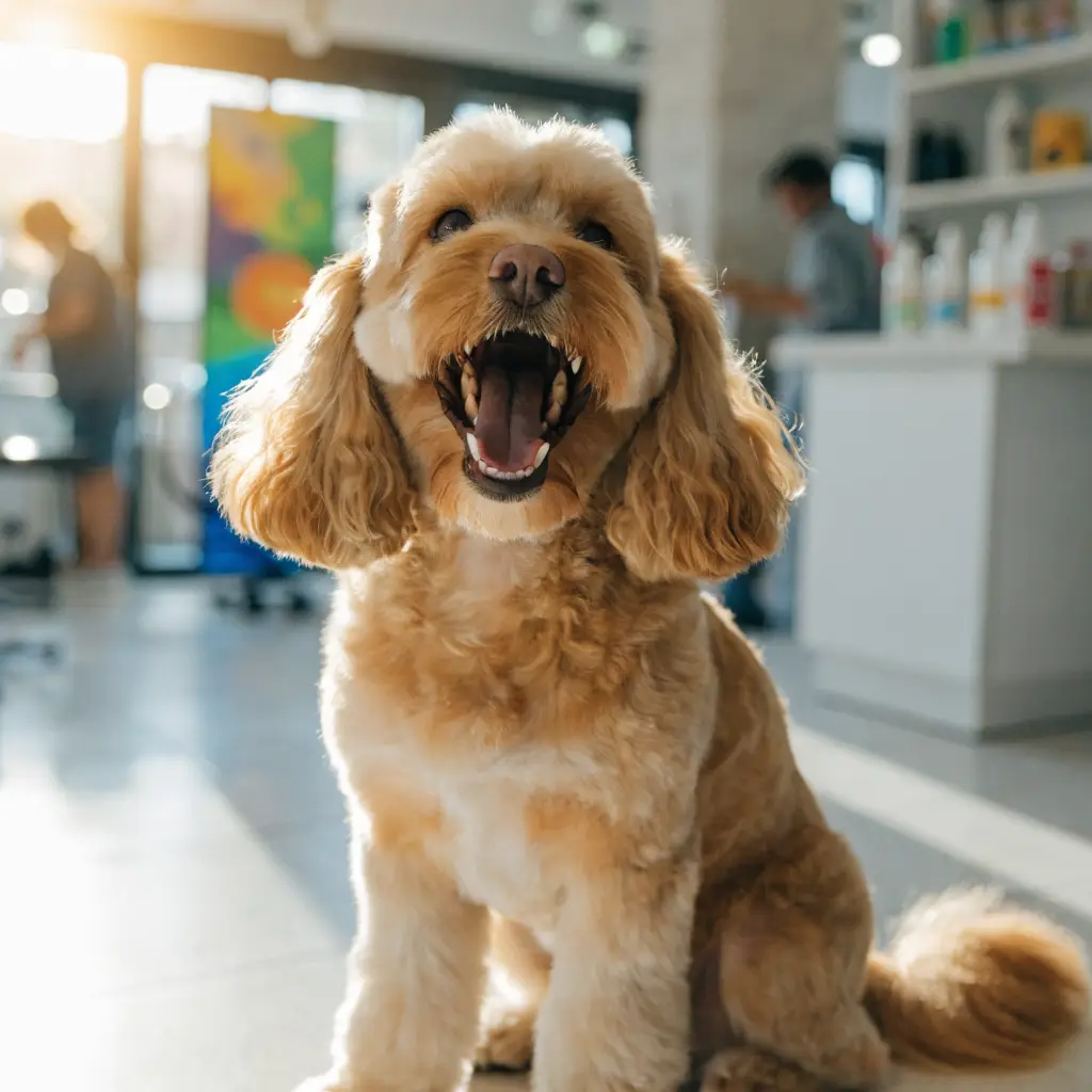 A happy, smiling freshly groomed dog