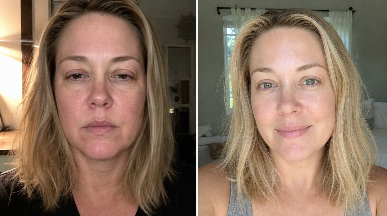 Customer before and after, facial puffiness improved