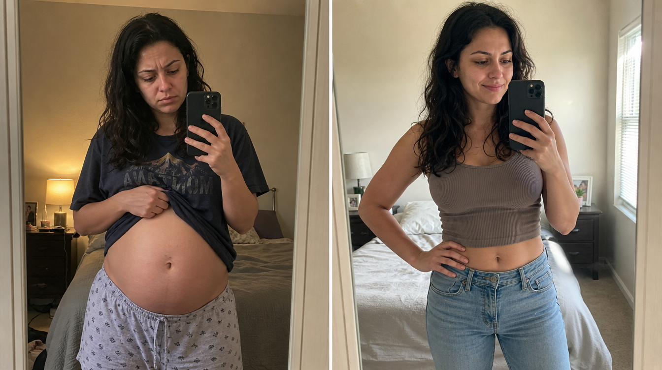 Customer before and after, flat stomach and clearer face