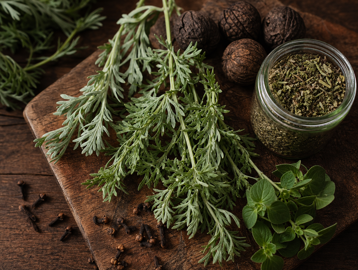 Wormwood and botanical ingredients still life