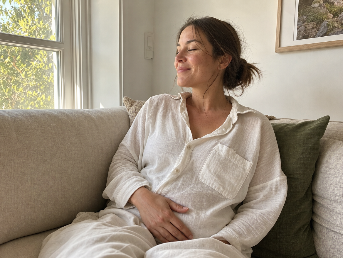 Woman relaxed on couch with hand on stomach