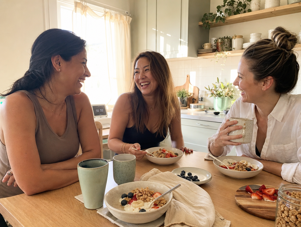 Group of women laughing together over brunch