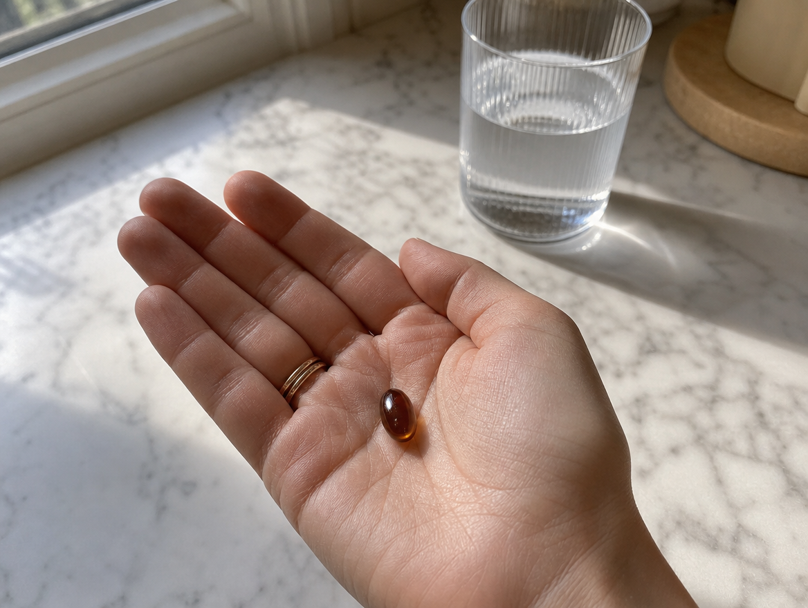 Single amber softgel resting in palm with glass of water