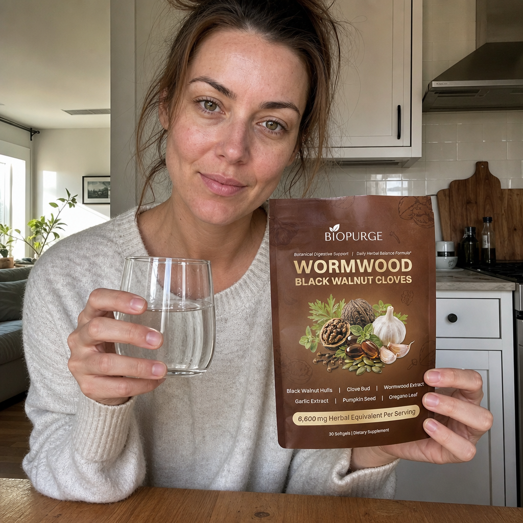 Woman in cream sweater holding BioPurge Wormwood Black Walnut Cloves bag at kitchen table