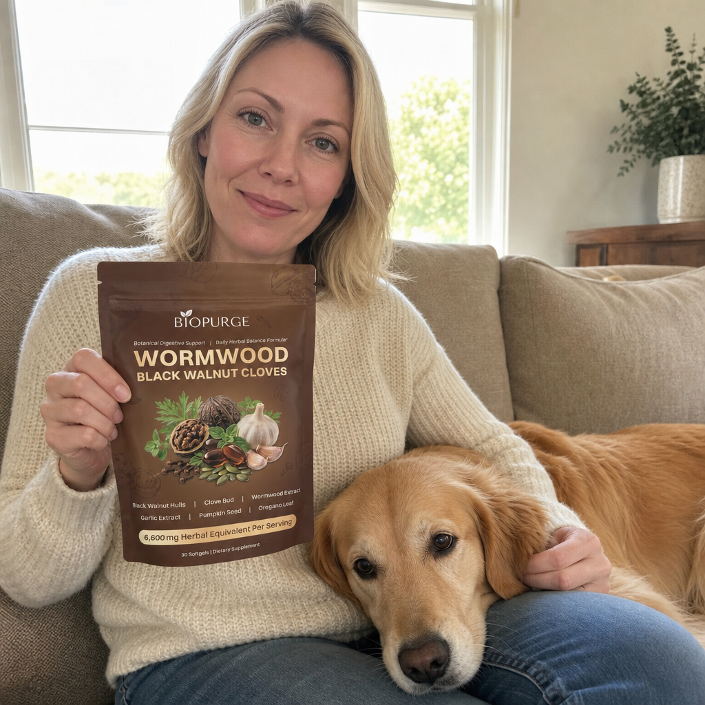 Woman with golden retriever holding BioPurge Wormwood Black Walnut Cloves bag
