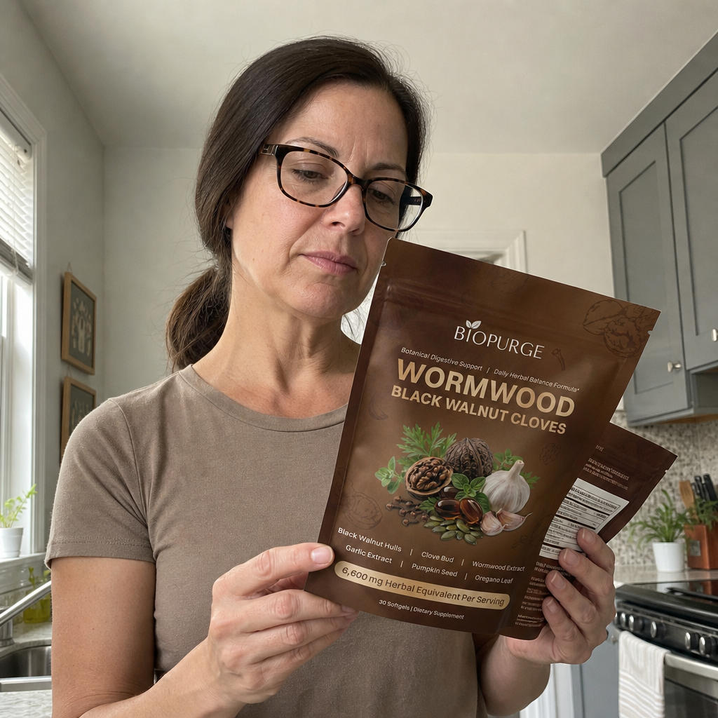 Woman with reading glasses examining BioPurge Wormwood Black Walnut Cloves supplement label