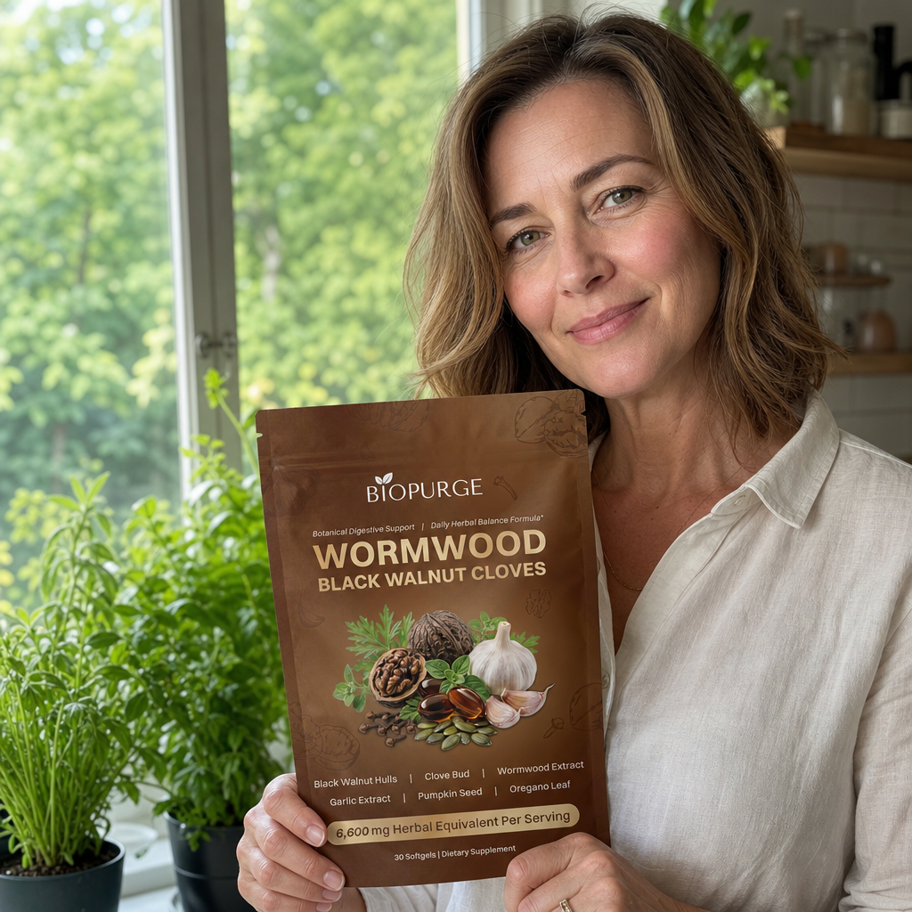 Woman in cream linen shirt by kitchen window holding BioPurge Wormwood Black Walnut Cloves bag