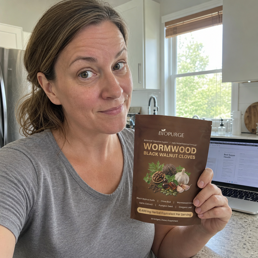 Woman at kitchen counter with laptop holding BioPurge Wormwood Black Walnut Cloves bag — quiet realization expression