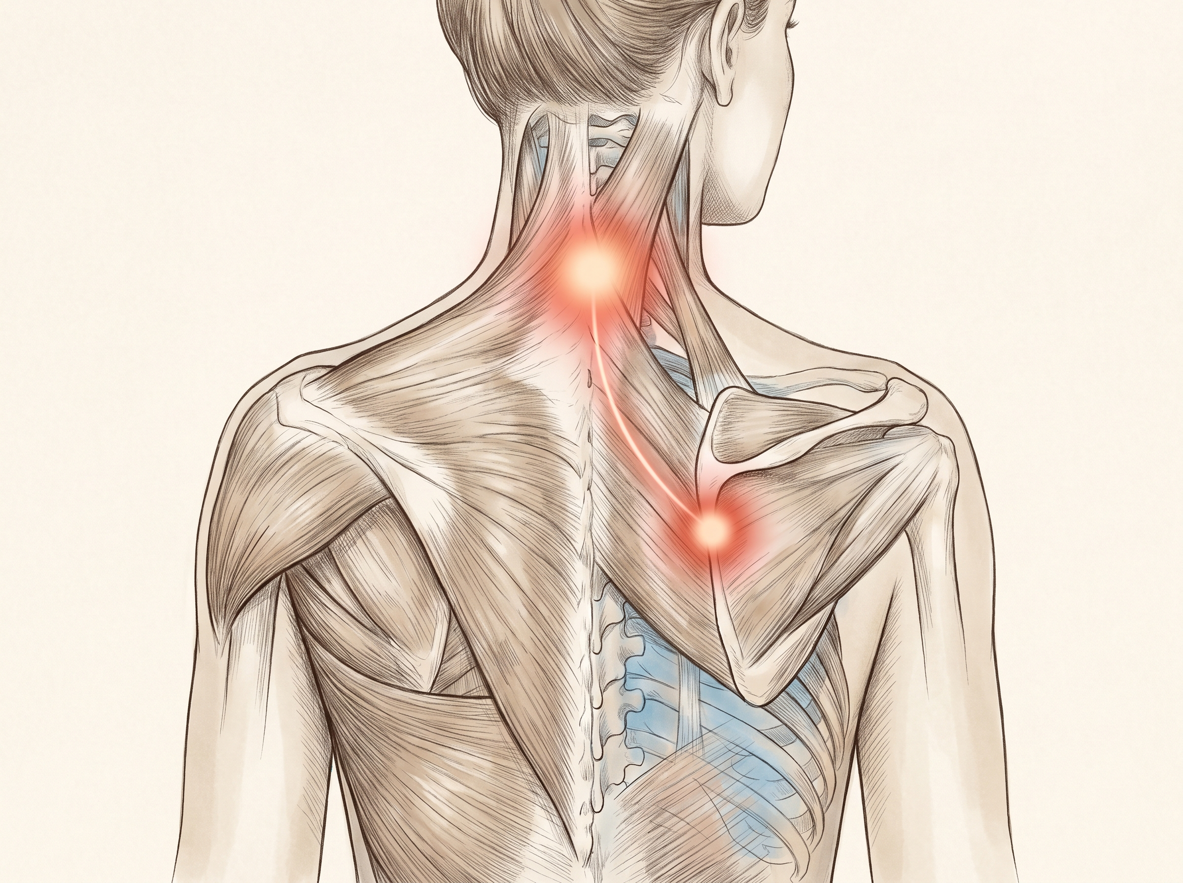 Anatomical illustration showing how neck tension connects to the muscle knot near the shoulder blade